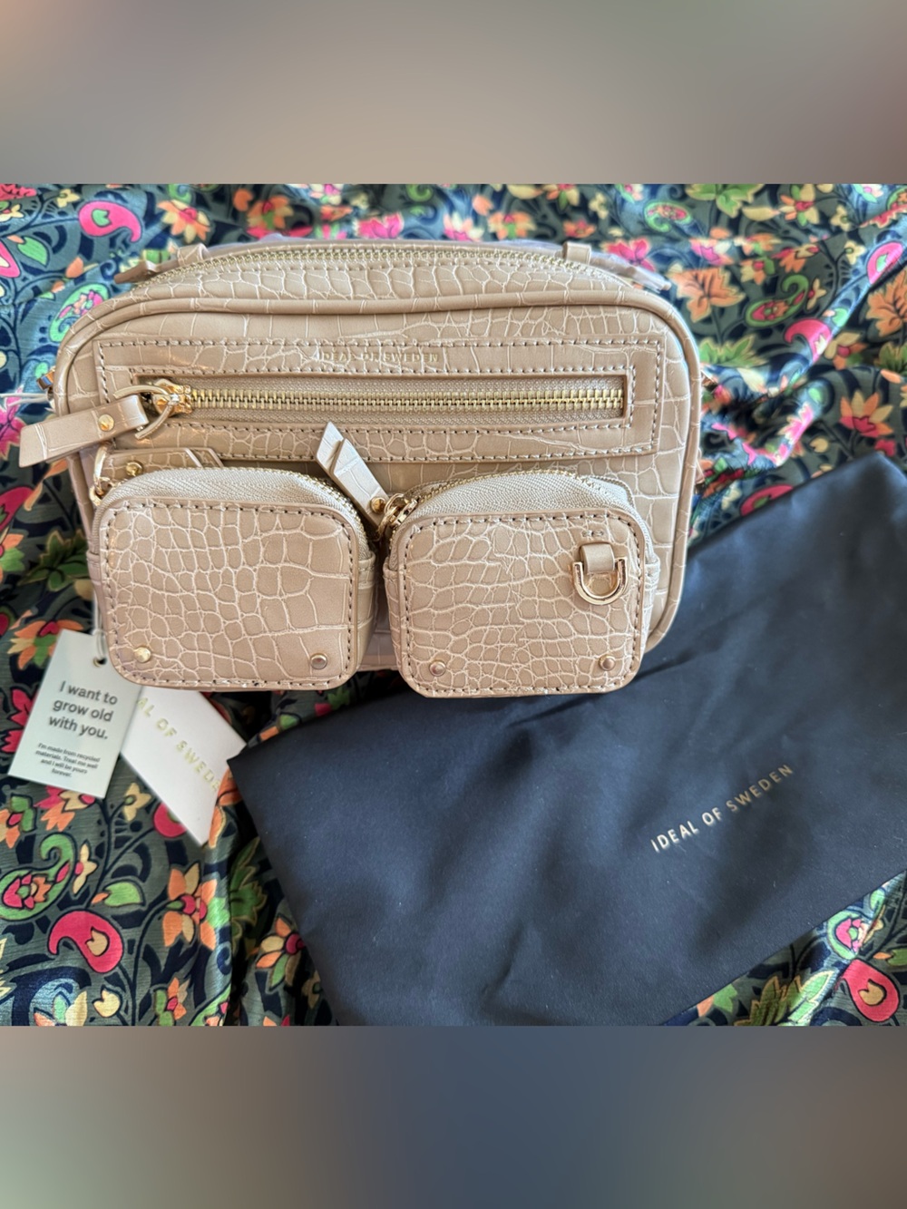 Beige Croc-Embossed Mini Crossbody Bag